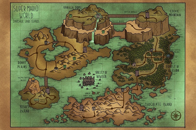 Super Mario World Return To Dinosaur Land Map A Map Of Super Mario World's Dinosaur Land | Etsy Uk