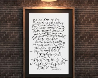 Treasures in Heaven, Bible Verse, Hand Lettered Art, Christian Art, Bible Print,