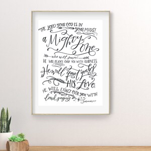 Mighty One, Digital Download, Bible Verse Art, Zephaniah 3;17, He will save you, God&#39;s Love, Bible Art, Christian Print