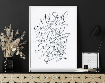 My Soul Magnifies the Lord, Christmas Art, the Magnificat Hand Lettered Art, Advent Art, Christian Art, Bible Print,