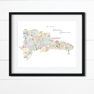May include: Framed art print featuring a colorful, detailed map of the Dominican Republic. The map is filled with various illustrations and the words "Te amo" and "República Dominicana". The print is set in a black frame.