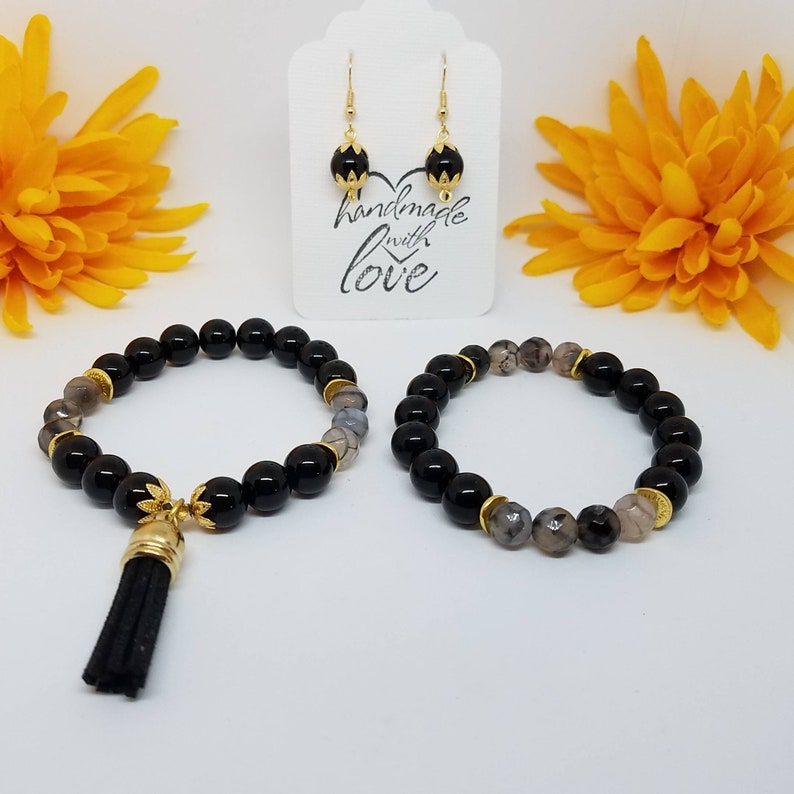 Birthday Gift FREE U.S Gift for Daughter Natural Stones Dragons Vein Bracelet SHIPPING Black Jade Bracelet Gift Set Root Chakra Stones