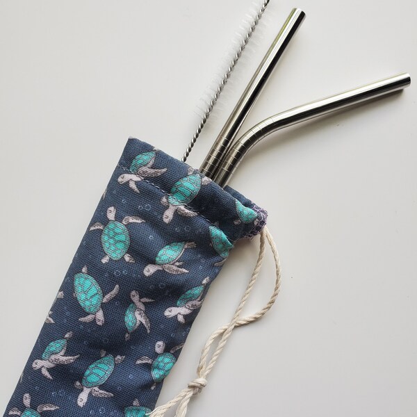 Reusable Straw Pouch, Water-Resistant - Turtles Print