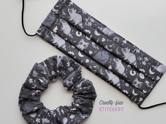 Mask and Scrunchie Set - Reusable Cloth Face Mask and Biodegradable Scrunchie - Raccoons