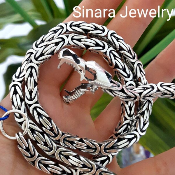Byzantine Heavy Silver Chain with Dragon Tips - Norse Viking Necklace Men - Biker Sterling Silver Jewelry with Snake Skull