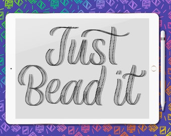 May include: A white tablet displaying the text Just Bead it in a black dotted script font, accompanied by a white stylus resting on the right side of the device. The screen features a light gray background with the black dotted lettering.