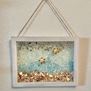 Sea Glass Turtle Art  16x10 Coastal Wall Decor  Made to Order Ocean Resin Frame  Beach House Gift