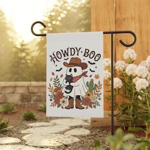 Howdy Boo-spöke med cowboyhatt Trädgårdsflagga | Trädgårdsbanderoll