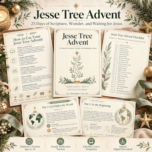 May include: A Jesse Tree Advent set featuring five printed cards with cream backgrounds and green botanical illustrations. The cards include instructions, a checklist, and daily devotionals for 25 days of scripture, wonder, and waiting for Jesus.