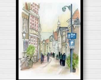 Amsterdam, The Netherlands, Dutch Street Scene — Watercolor Giclee art print