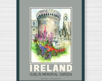 Dublin, Ireland Castle and flowers, Irish Tourism, Garda Síochána Memorial Garden Garden and Memorial Site — Travel Poster