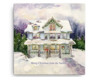 Christmas Eve Holiday Winter House Personalized Watercolor Giclee Art Print OR Canvas Print