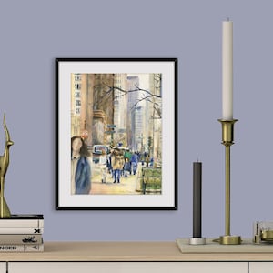 Chicago downtown street scene with highrises and people walking down Michigan Ave, Travel, Watercolor Giclee Fine Art Print