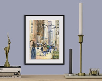 Chicago downtown street scene with highrises and people walking down Michigan Ave, Travel, Watercolor Giclee Fine Art Print