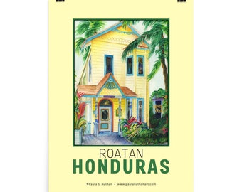 Roatan, Honduras Colorful Yellow Tropical Shopfront Travel Poster