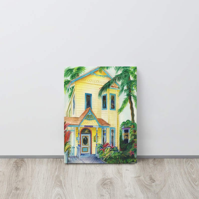 Roatan, Honduras colorful yellow shopfront, gift store watercolor canvas wall art