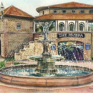 Lake Geneva, Wisconsin, Riviera Boat House and Fountain Watercolor Giclee art print