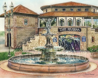 Lake Geneva, Wisconsin, Riviera Boat House and Fountain Watercolor Giclee art print