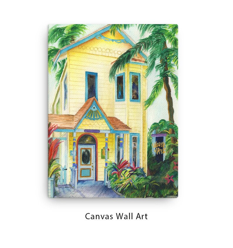 Roatan, Honduras colorful yellow shopfront, gift store watercolor canvas wall art