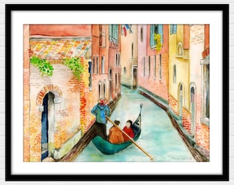 Venice Italy Canal and Gondola, Travel - Watercolor giclee art print