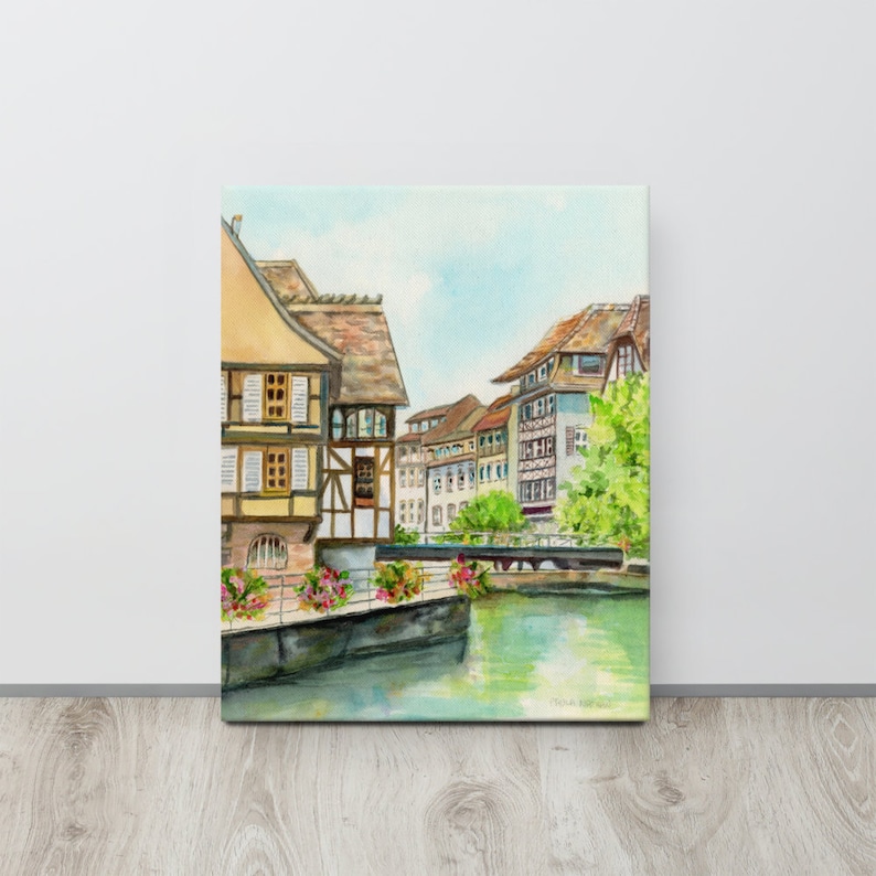 Strasbourg, La Petite France Canal Travel Watercolor Fine Art Paper OR Canvas Print Canvas Art 12" x 16"
