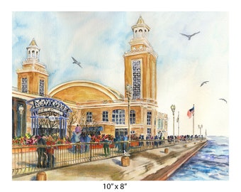 Navy Pier on Lake Michigan shoreline, Chicago, Travel, Tourist - Watercolor Giclee Art Print