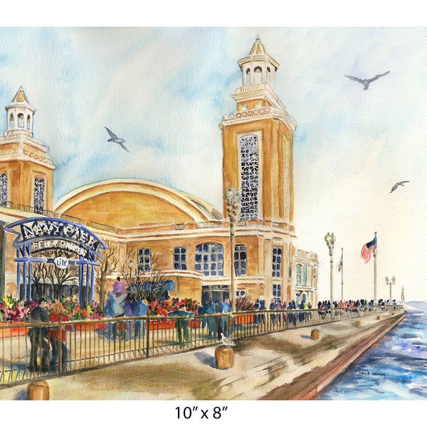 Navy Pier on Lake Michigan shoreline, Chicago, Travel, Tourist - Watercolor Giclee Art Print