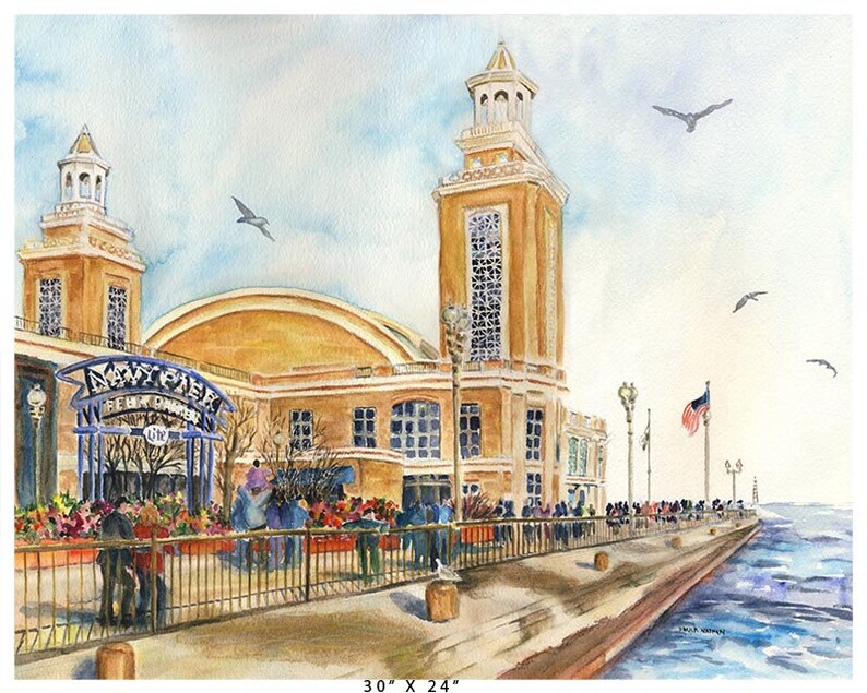 Navy Pier on Lake Michigan shoreline, Chicago, Travel, Tourist Watercolor Giclee Art Print image 4