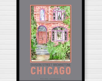 Chicago Architecture, Brownstone, Division Street Neighborhood Watercolor Poster