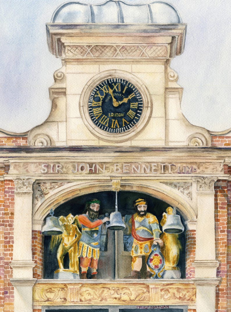 May include: A watercolor painting of a clock tower with a clock face that reads "Town Clock" and "LD. 1800". The tower has a sign that reads "Sir John Bennett Ltd.". Below the sign, there are three figures ringing bells.