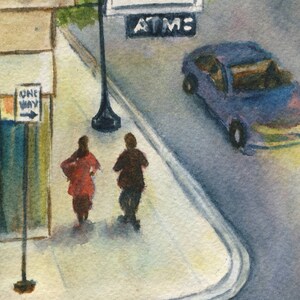 May include: A watercolor painting of a street scene with two people walking on the sidewalk and a car driving by. The sign above the car reads "ATM".