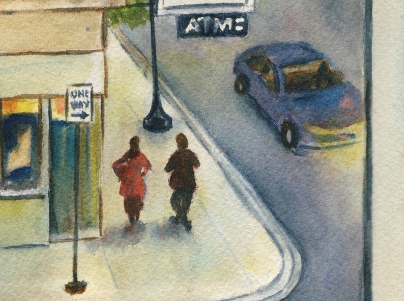 May include: A watercolor painting of a street scene with two people walking on the sidewalk and a car driving by. The sign above the car reads "ATM".