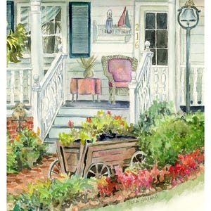 Libertyville, Illinois Vintage Old House porch with garden, Watercolor Giclee art print