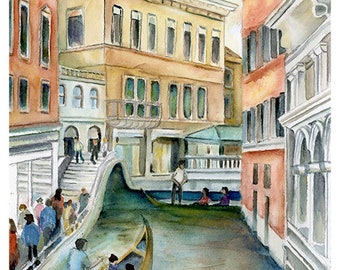 Venice Italy Canal and Gondola, Watercolor giclee art print