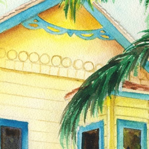 Detail of Roatan, Honduras yellow colorful shopfront gift store fine art watercolor print