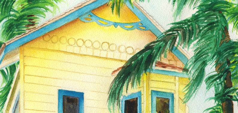 Detail of Roatan, Honduras yellow colorful shopfront gift store fine art watercolor print