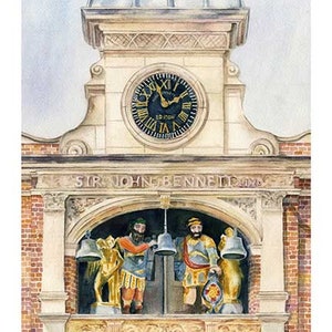 May include: A watercolor painting of a clock tower with a clock face that reads "12 o'clock". The tower is topped with a dome and has a sign that reads "Sir John Bennett London". There are three figures in the tower, two of which are holding bells.