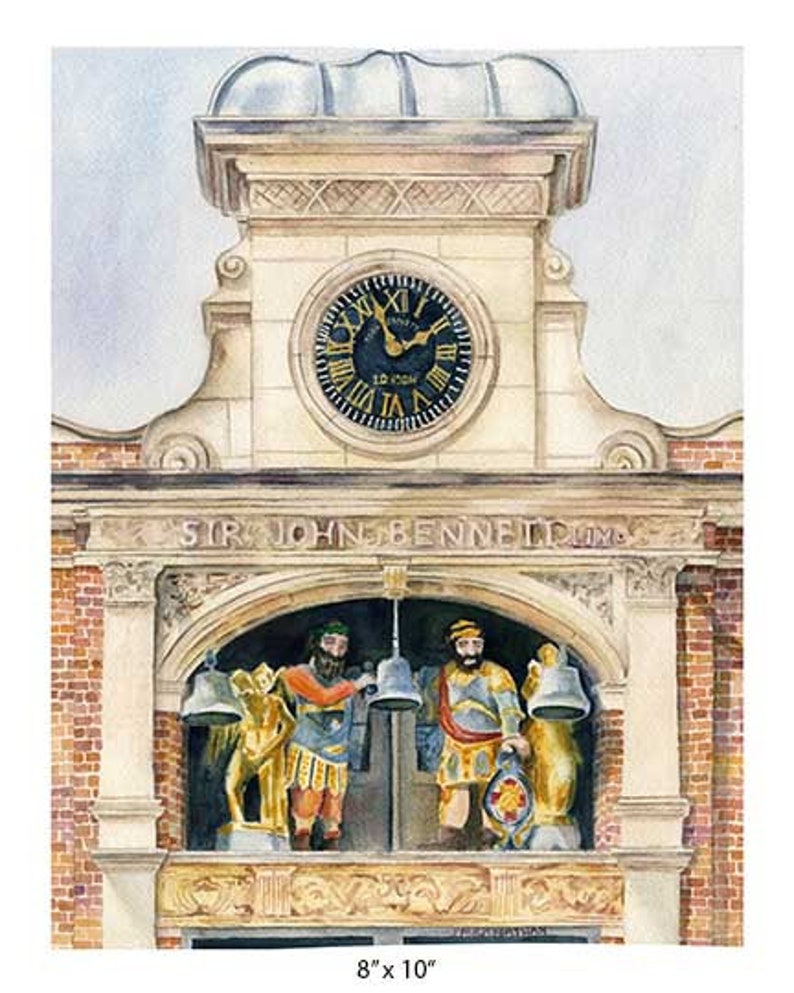 May include: A watercolor painting of a clock tower with a clock face that reads "12 o'clock". The tower is topped with a dome and has a sign that reads "Sir John Bennett London". There are three figures in the tower, two of which are holding bells.