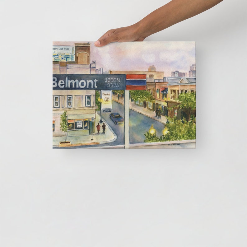 May include: Watercolor painting of a street scene in Chicago, Illinois. The painting depicts a street corner with a sign that reads "Belmont 3200N 1000W". There are buildings on both sides of the street, and a car is driving down the street. The painting is done in a realistic style, with a focus on detail.