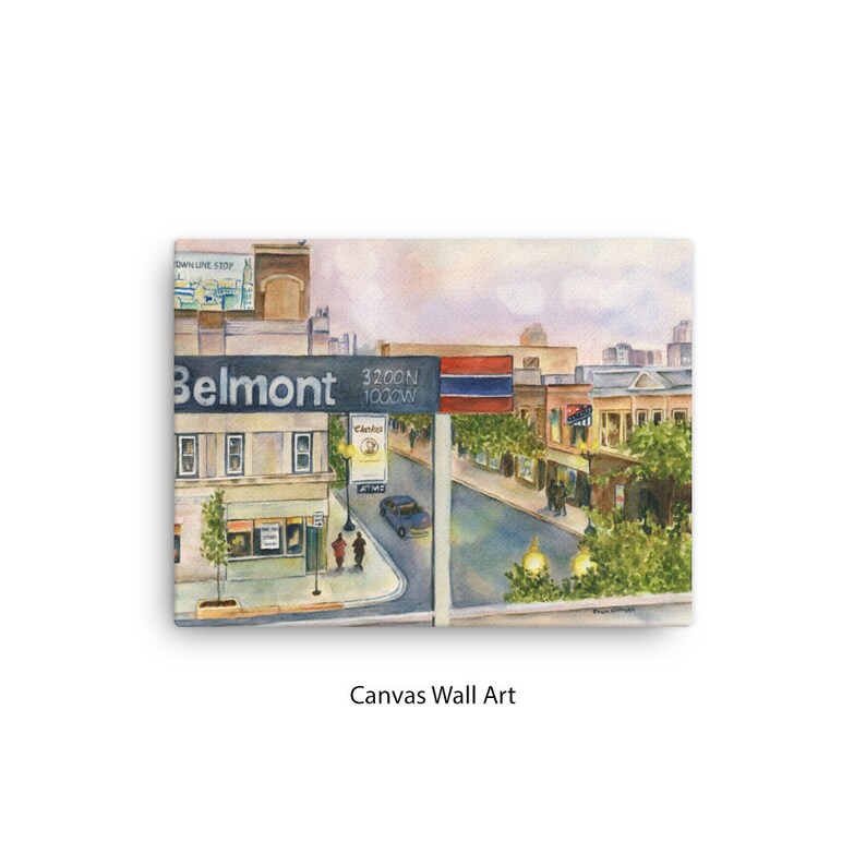 May include: A watercolor painting of a city street scene with a blue and white sign that reads 'Belmont 3200N 1000W'. The street is lined with buildings and trees. There are people walking on the sidewalk and a car driving down the street. The sky is a light blue with pink clouds.