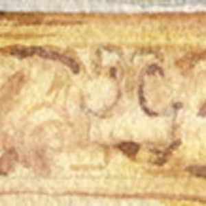 May include: A watercolor painting of a decorative border with a repeating pattern of stylized leaves and columns. The border is painted in shades of brown and yellow.