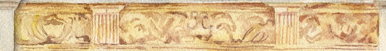 May include: A watercolor painting of a decorative border with a repeating pattern of stylized leaves and columns. The border is painted in shades of brown and yellow.
