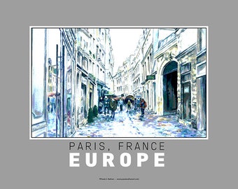 Paris France Street in the Rain, Posterized Travel Poster