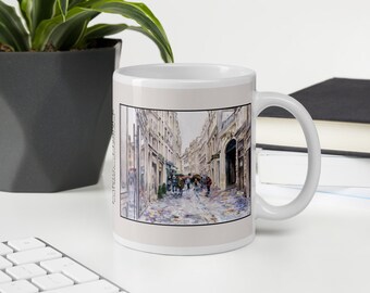 Coffee Mug with painting of Paris Street in the Rain with People under Umbrellas