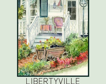 Libertyville, Illinois Vintage Old House porch with garden Watercolor Travel Poster