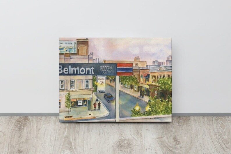 May include: Watercolor painting of a city street scene with a sign that reads "Belmont 3200N 1000W". The painting features buildings, streetlights, cars, and people walking.