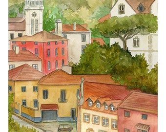 Sintra, Portugal Colorful Red Roofs, Buildings Street Scene, Giclee Fine Art Print