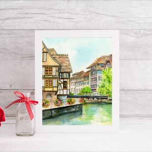Strasbourg, La Petite France Canal Travel Watercolor Fine Art Paper OR Canvas Print Art Print 5" x 7"