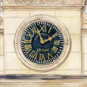 May include: A vintage-style clock face with black Roman numerals and gold accents. The clock face is surrounded by a white border and a black ring. The clock face reads "John Bennett London".