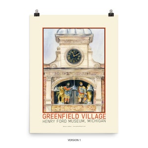 Historisches Gebäude auf der grünen Wiese, Henry Ford Museum - Aquarell Reiseplakat